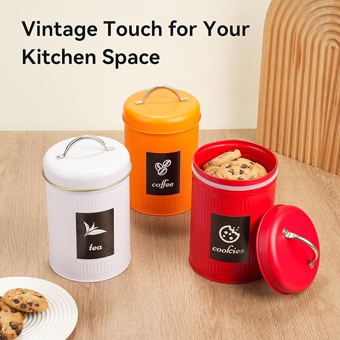 Farmhouse Coffee Canister Storage Container, 42 Oz Vintage Coffee Bean Airtight Jar with Lids, Food Tins with 12 Label Stickers, Kitchen Counter Pantry Organization for Candy Sugar Cookie Tea