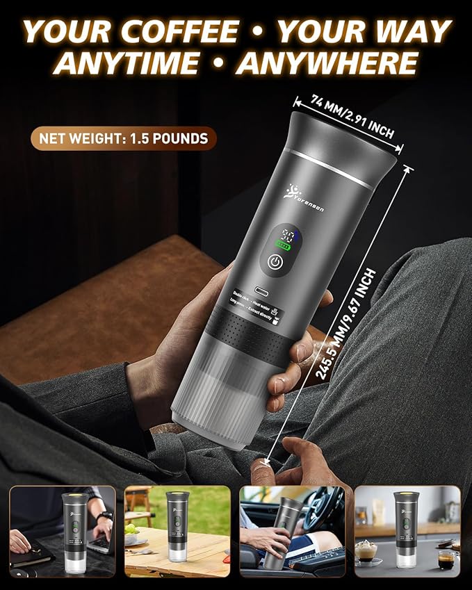 Portable Coffee Maker for Travel,Self-Heating Espresso Machine with USB-C,LED Display,20 Bar,Compatible with Coffee Grounds&Capsules (Ns&DG)–Portable Espresso Maker for Car,RV,Camping,Office