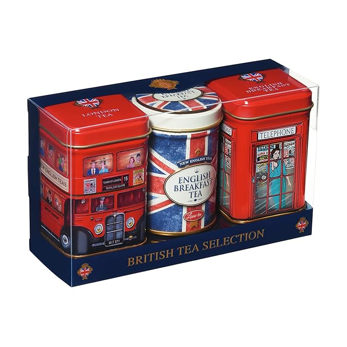 London & British Icons 3x Mini Tea Tins with Fine English Loose Leaf Tea (Union Jack, Red London Bus, Telephone Box)
