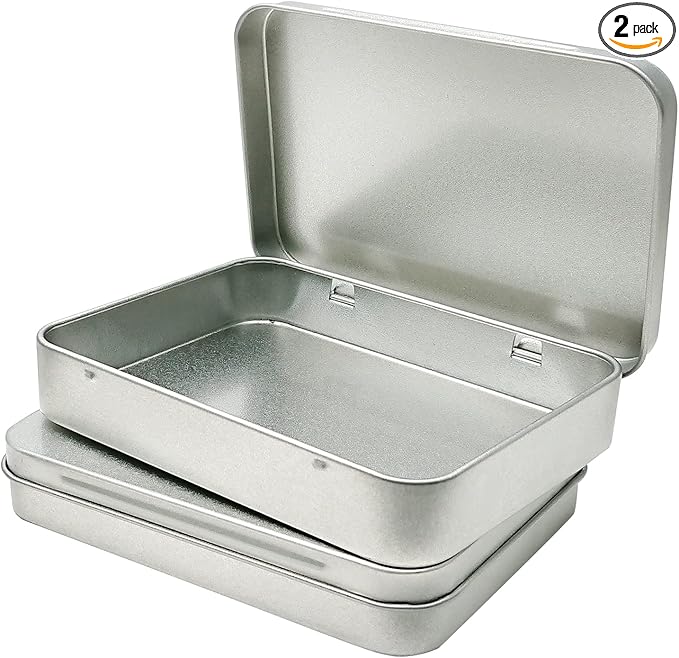 2 Pcs Metal Hinged Tin Box Container Mini Portable Small Storage Container Kit Tin Box Container, Home Storage 4.5x3.3x0.9 inch, Silver