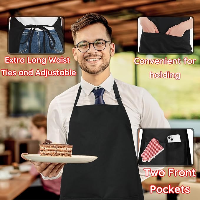 4 Packs Chef Apron, Black Waterproof Apron, Adjustable Aprons with 2 Pockets for Men Women, Professional Aprons for Kitchen Cooking Gardening Painting Baking Restaurant (Black) - Image 5