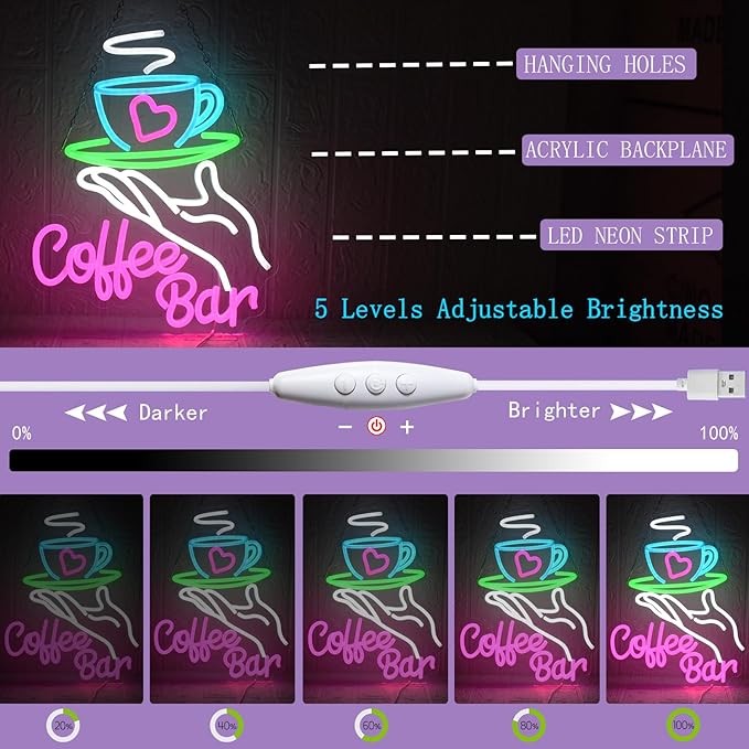 Coffee Bar Neon Sign for Wall Decor, Cafe Neon Light with USB Dimmable LED Neon Coffee Light Up Sign for Cafe Bar, Shop Business, Restaurants, Kitchen Party Decoration Gifts
