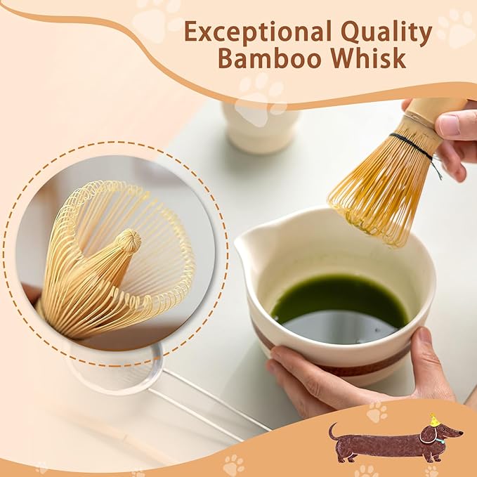 Matcha Set with Dog Pattern, Japanese Matcha Whisk Set Includes Matcha Bowl with Spout, Whisk Holder, Bamboo Whisk and Scoop, Matcha Sifter, 17 oz Ceramic Matcha Kit for Tea Lovers (Beige)