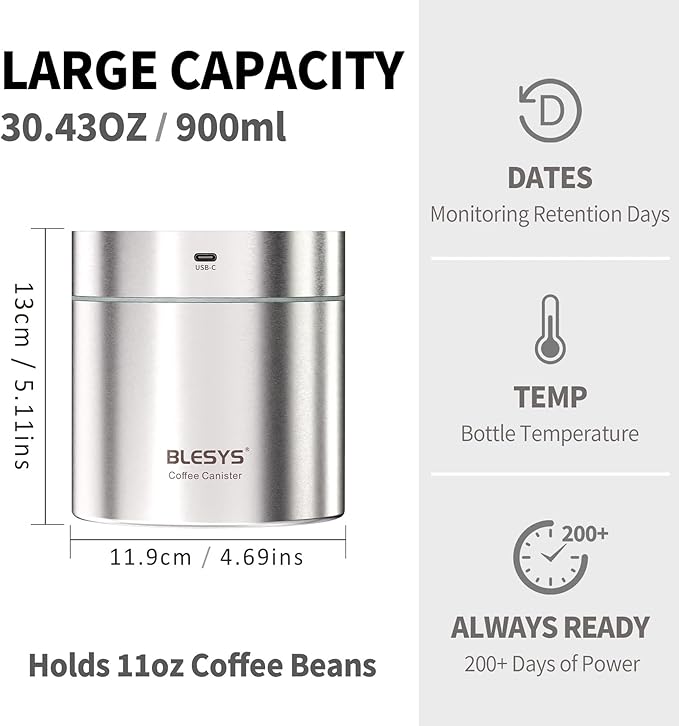Smart Vacuum Coffee Canister, Automatic Stainless Steel Food Storage Container, LCD Monitoring, One-touch Freshness, Date Tracker, Extra-long Standby Time, Holds 11 oz Coffee Beans (Silver, 0.9L)