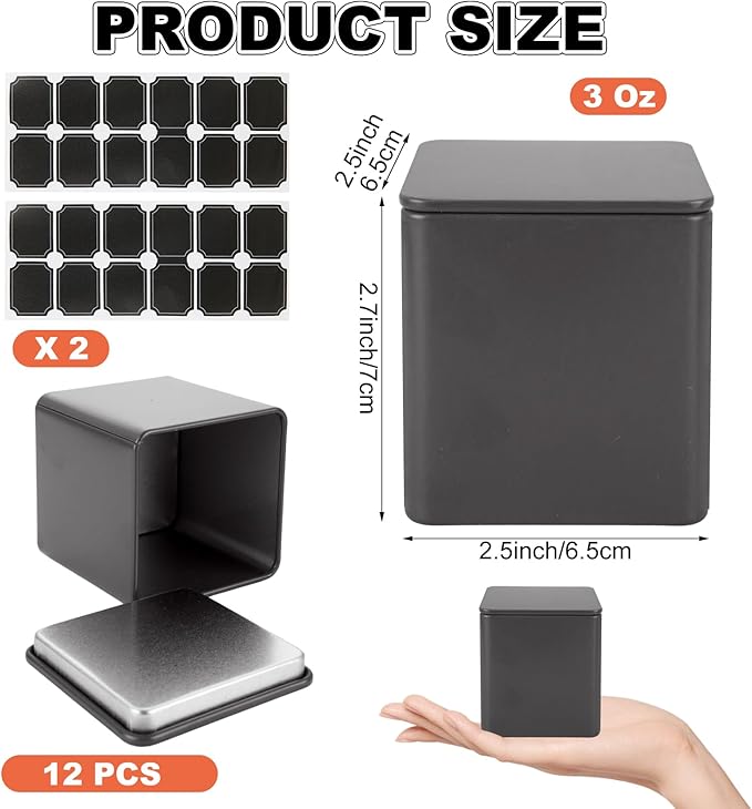 12 Pack Minimalist Black Square Metal Tea Tins, 3 Oz Loose Leaf Tea Storage Containers with Airtight Lids