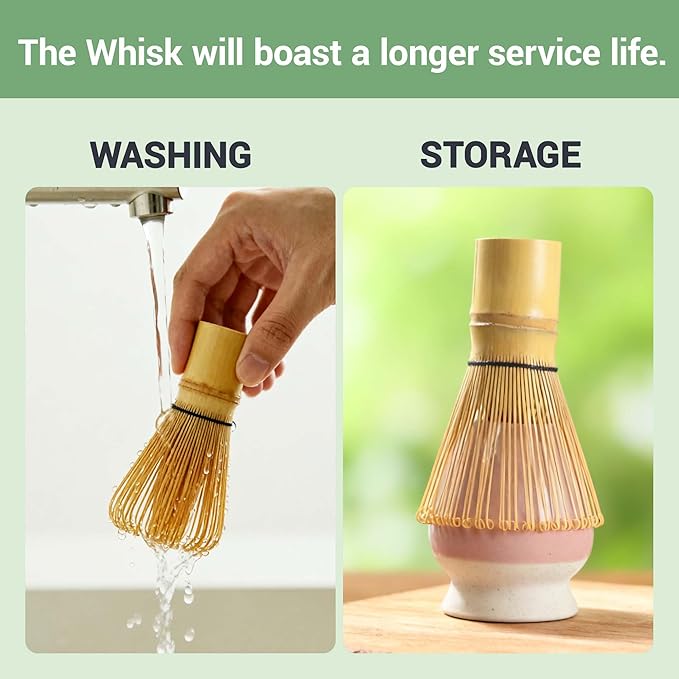 Matcha Whisk Set 5pcs – Bamboo Chasen with Holder, Chashaku Scoop, Spoon, Fine Mesh Sifter – Traditional Japanese Tea Tools for Tea Ceremony, Matcha Making Kit for Tea Lovers（Pink)