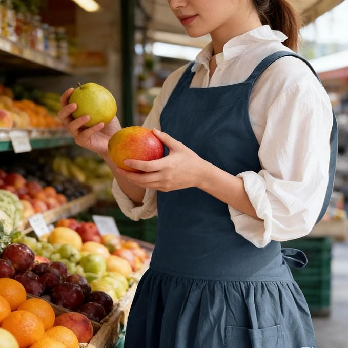 Cotton Linen Cross Back pinafore Apron Dress for Women with Pockets for Cooking Cleaning - Crossback Apron - Blue - with Waist Ties - Image 7