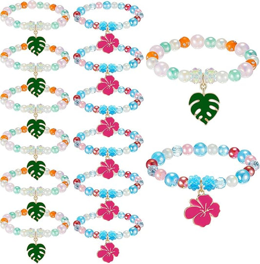 Ecally 12 Pcs Hawaiian Princess Party Favors Tropical Party Decorations Palm Leave Aloha Hibiscus Flowers Hawaii Bracelets Bulk Animation Themed Birthday Supplies for Women