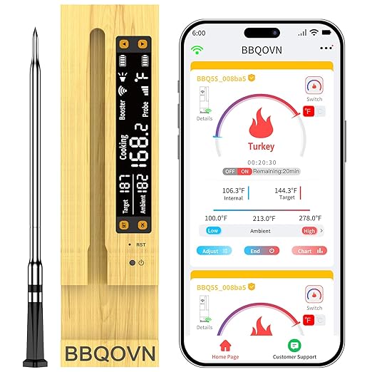 WiFi Sub-1G Wireless Meat Thermometer Unlimited Range 7 NIST Certified Sensors with Ambient Temp 2 Temp Monitoring Ways Digital Smart Base and App for BBQ, Smoker, Grill, Oven (Single Probe)