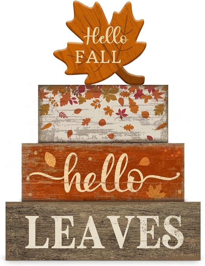 Moucuny 4 Pcs Fall Decor Wooden Maple Leaf Decoration Thanksgiving Tiered Tray Decor Rustic Wooden Maple Leaf Block Sign Thanksgiving Table Centerpiece Farmhouse for Autumn Harvest Party Kitchen Home