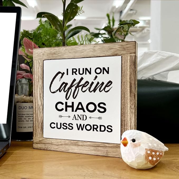 Modern Farmhouse Coffee Decor, White & Brown Wooden Box Sign, 5.9x5.9x0.7 Inch, I Run On Caffeine Chaos And Cuss Words - Image 6