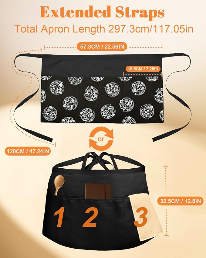 Slohif Reversible Server Apron 6 Pockets - Waist Apron for Waitress Women Half Serving Short Apron for Waiter - Image 2