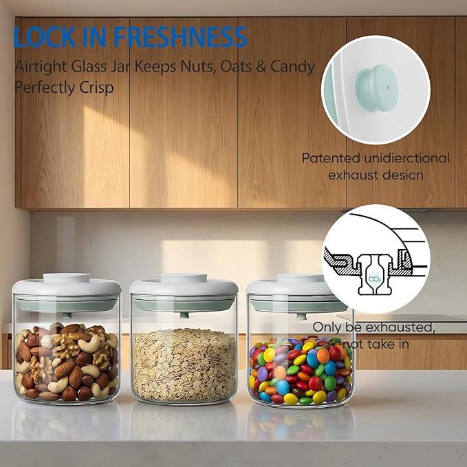 Airtight Food Storage Canisters with Lids - 20 fl oz Leakproof Clear Glass Jars for Cookie, Oat, Pasta, Tea, Coffee Bean & Sugar, Multipurpose Kitchen Canister Set, Ideal Gift