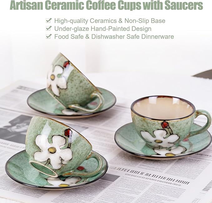 8 Oz Floral Porcelain Cappuccino Cups with Saucers Set of 4, Stoneware Tea Coffee Mugs for Home Kitchen & Office, Dishwasher Microwave Oven Safe, for Espresso, Latte, Americano, Milk & Tea, Green