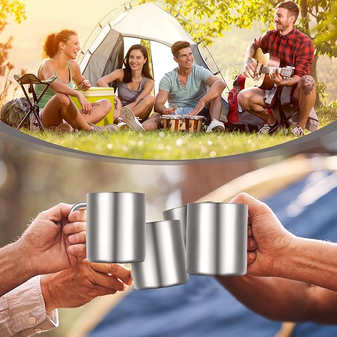 Cunhill 4 Set Small Stainless Steel Coffee Mug 13.5oz/400ml Metal Double Walled Cups Camping Mug with Handle Dishwasher Safe Tea Cups for Camping Travel Outdoors Rv Keep Drinks Hot