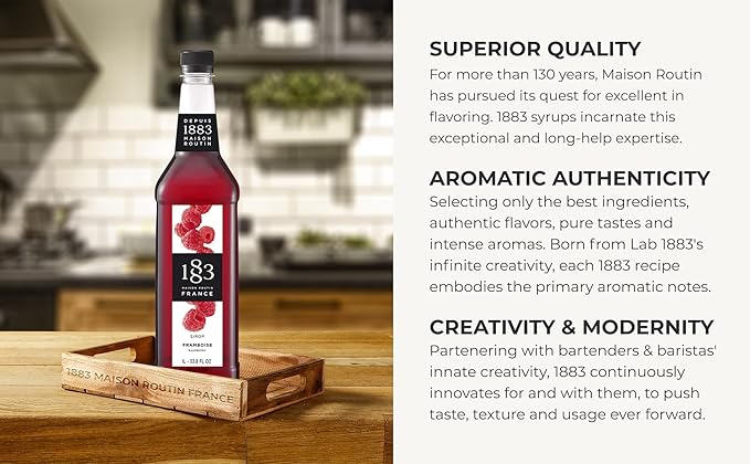 1883 Raspberry Syrup for Drinks, Made in France, 1 Liter Plastic Bottle