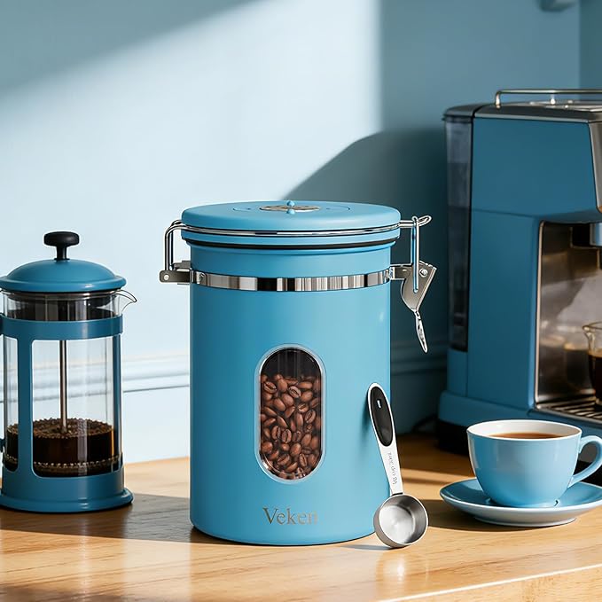 Veken Coffee Canister with Window, Easter Gifts Airtight Stainless Steel Container with Lids, Home Kitchen Food Storage Jars for Grounds, Beans, Tea, Flour, Cereal, Sugar, Basket, Scoop, 22OZ, Blue