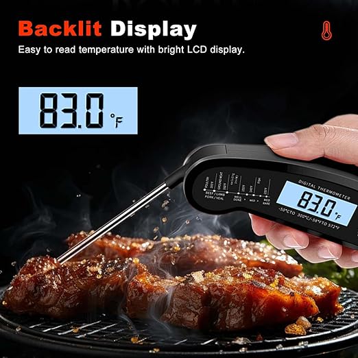 Digital Instant Read Food Thermometer with Backlight, LCD Display, Calibration Function, Built-in Bottle Opener for Grilling, BBQ, Turkey, Candy, Liquid Temperature Measurement, Black