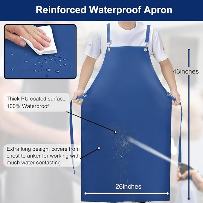 SHEOMERN 2 Pack Heavy Duty Vinyl Industrial Anti-Tear Apron, 43" x 26" Waterproof, Chemical Resistant, Blue, Unisex-Adults