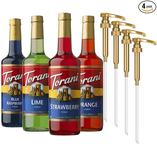 Torani Syrup, Soda Flavors Variety 4-Pack, Blue Raspberry, Lime, Strawberry, and Orange Syrup for Drinks, Glass Bottles, Pumps Included, 25.4 Fl Oz Ea
