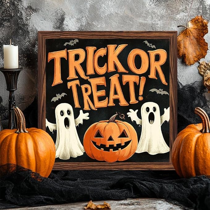 Whimsical Halloween Decorative Sign Trick or Treat Ghosts & Pumpkin Wooden Sign, With Frame Festival Sign for Home Office, Cafe, Bedroom Halloween Decor 7.87x7.87 Inch - Image 2
