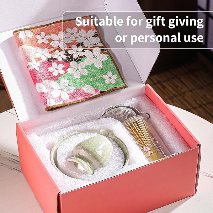 8-Piece Matcha Ceremony Set - Tea Kit with Cherry Blossom Bowl, Bamboo Whisk, Wood Scoops, Tea Cloth & Floral Display - Gift-Ready Pink Cherry color box (Matcha color)