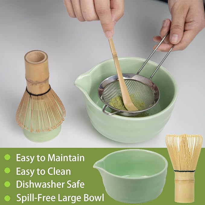 Matcha Whisk Set, Matcha Bamboo Whisk and Holder, Bamboo Scoop and Stainless Sifter, 5 Pcs Matcha Making Kit for Lover (Green)