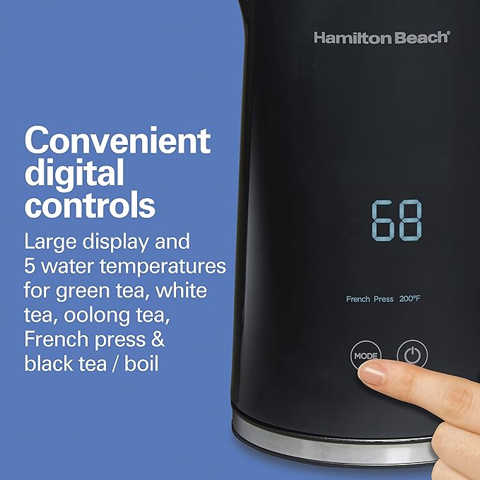 Hamilton Beach Digital Temperature Control Electric Tea Kettle, Hot Water Boiler & Heater 1.7L, 5 Preset Modes + Keep Warm, Fast Boil 1500 Watts, BPA Free, Cool-Touch Exterior, Black (41033)