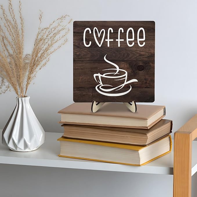 Coffee Bar Sign Plaque Decor,Coffee Bar Accessories,Rustic Wooden Tabletop Plaque with Stand, Minimalist Farmhouse Kitchen Counter Sign,Cute Mini Café Bar Decor Gift (Brown2, 5.9x5.9inches)