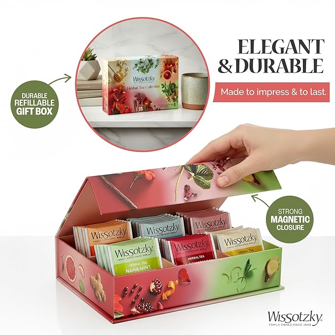 Wissotzky Herbal Tea Variety Pack Sampler (42 Tea Bags) in a Premium Reusable Gift Box | Valentines Day Gift | Caffeine-Free | 6 Exciting Flavors | Individually Wrapped Tea Bags | Ideal Present for Holiday & Corporate Gifting | Magnetic Closure Box | K...