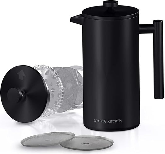 Utopia Kitchen 304 Grade Stainless Steel French Press Coffee Maker 17 Oz, Double Wall Insulated Coffee Press with 4-Level Filtration system, Include 2 Extra Filters, Rust-Free, Black