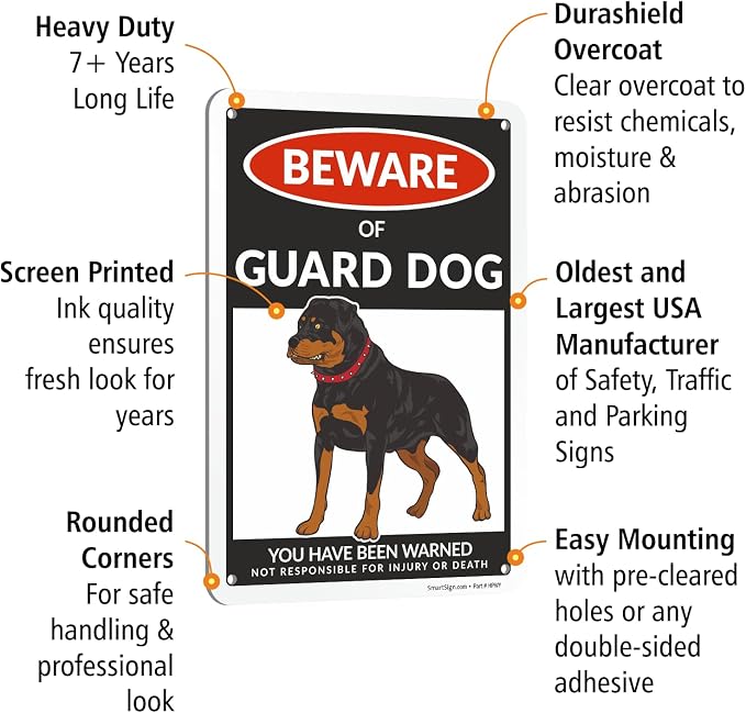SmartSign Beware Of Guard Dog Warning Sign - 10"x7", 40 mil Laminated Rust-free Aluminum - Funny Metal Signs for Entrances, Outdoors, Patio, Gifts, Cafe - Guard Dog Theme, Made in USA - Image 4