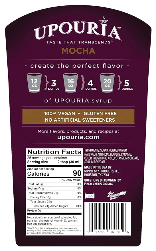 Sunny Sky Upouria Coffee Syrup Variety Pack - French Vanilla, Mocha, and Caramel Flavoring, 100% Vegan, Gluten Free, Kosher, 750 mL Bottle - 3 Coffee Syrup Pumps Included