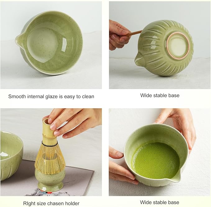 Matcha Whisk Set - 5PCS Japanese Tea Set Includes Matcha Bowl with Spout, Bamboo Whisk with Ceramic Holder, Bamboo Scoop and Sifter, Matcha Kit for Ceremony, Gift for Family/Friend (Green/5PC)