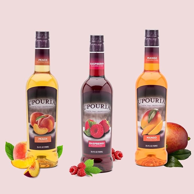 Upouria Coffee & Tea Syrup Variety Pack, Raspberry, Mango, and Peach Flavoring, 100% Vegan, Gluten-Free, Kosher, 750 mL Bottles with 3 - Coffee Syrup Pumps