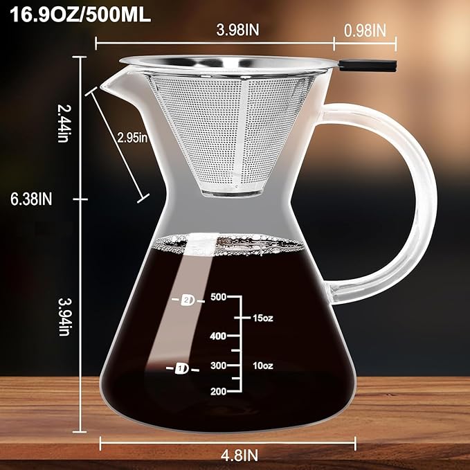 500ML(16.9oz) Glass Pour Over Coffee Maker with Double Stainless Filte - 4 Cup (Approx Refers to 4 oz. Per Cup) Thickened Heat-Resistant Paperless Pour Over Coffee Dripper Perfect Extraction for Home