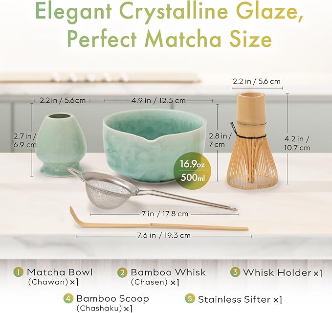 HIBINO Matcha Set | Japanese Matcha Tea Set with Crystal-Glazed Ceramic Spout Bowl | Bamboo Whisk & Holder, Scoop and Stainless Sifter | 5-Piece Matcha Kit |「Crystal Shell Green」