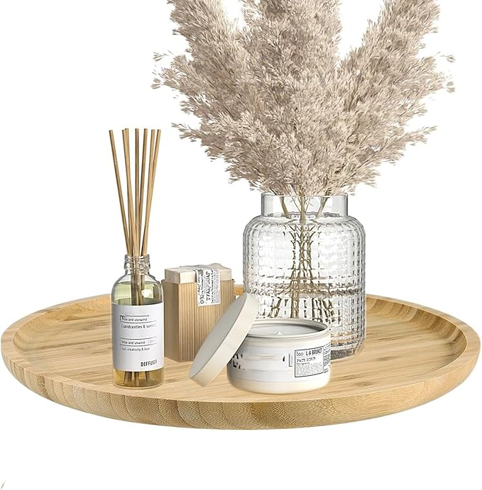 Round Bamboo Decorative Tray,Bamboo Wood Serving Platter Bamboo Breakfast Dinner Food Trays Coffee Tea Serving Tray Fruit platters for Home Hotel Restaurant (1, 11.81"x11.81"x0.78")
