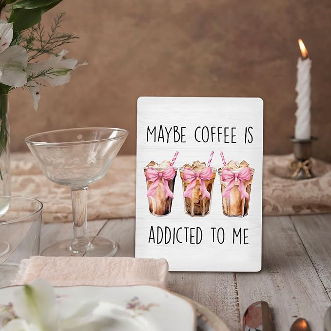 Coffee Bar Sign, Coquette Pink Bow Coffee Wooden Stand Sign 5"X7", Ice Espresso Signs Decorations for Cafe Coffees Station Shop Home Kitchen Table Desk Decor(5x7 Inch) - Image 4
