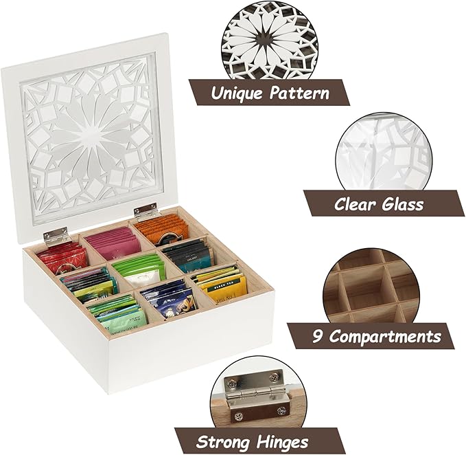handrong Tea Box Tea Bag Organizer Wooden Tea Bag Holder Modern Tea Chest with 9 Compartments and Glass Cover for Home Tea Parties and Gift