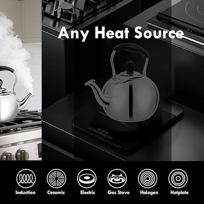 Stovetop Tea Kettle - 2.0 Quart Round Tea Pot for Stovetop, Whistle Alert, Mirror Polished Classic Water Kettle, Food Grade Material Teapot for Stove Top, Compatible with Gas & Electric Coil Stovetop