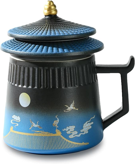 Tea Cup with Infuser and Lid,Loose Leaf Tea Steeper Cup 14.8oz Ceramic tea Infuser Mug Travel Large Steeping Cup Diffusers Mugs with Fine Strainer and Handle (Black&Blue)