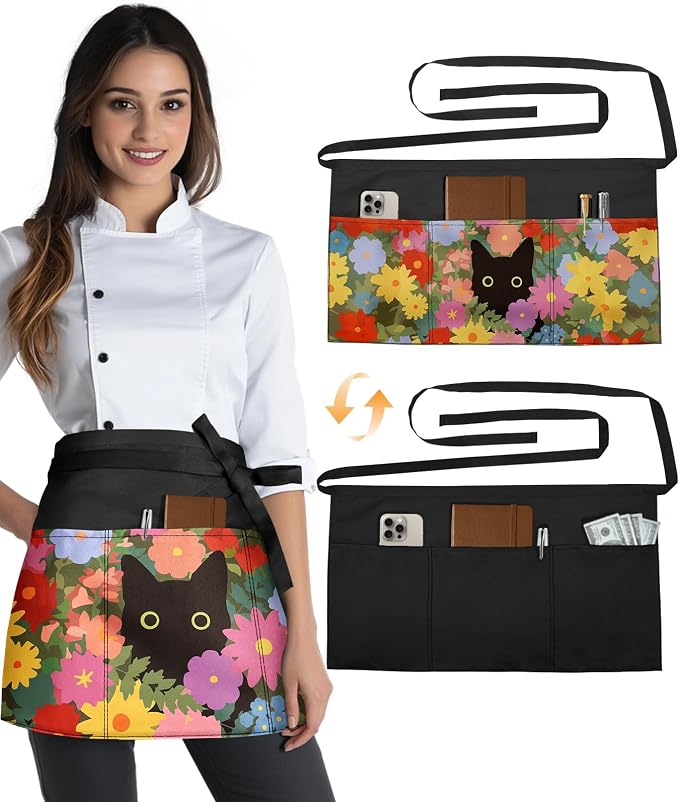 Slohif Reversible Server Apron 6 Pockets - Waist Apron for Waitress Women Half Serving Short Apron for Waiter by Slohif