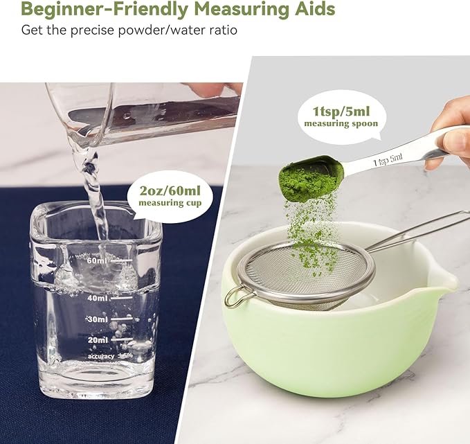 Matcha Whisk Set, Matcha Kit 10-Pcs, Bamboo Whisk and Ceramic Bowl with Spout & Measuring Spoon & Cup, Japanese Ceremony Matcha Tea Powder Making Tools, Light Green