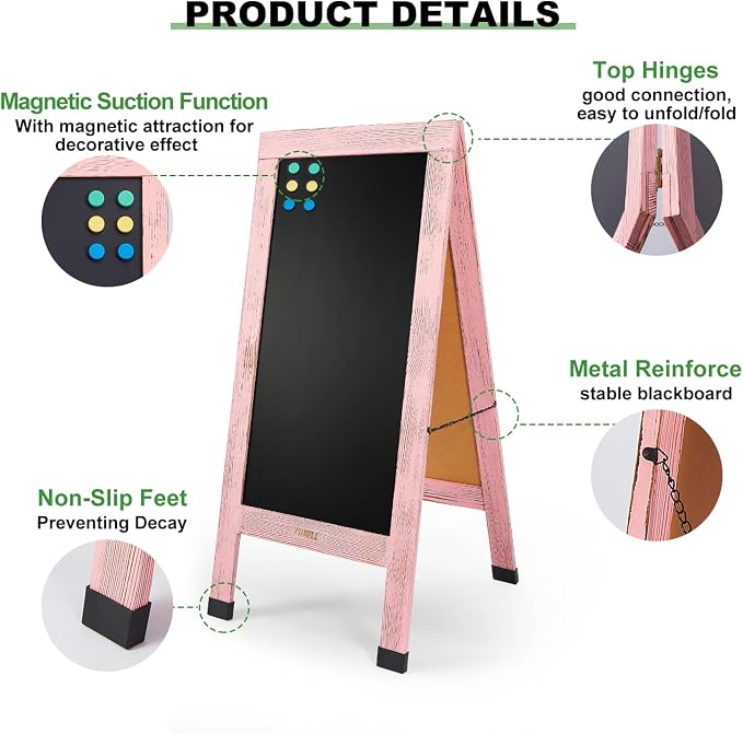 Large Sandwich A-Frame Chalkboard Sign - 40 x 20 Inches Pink Magnetic Wooden Chalk Board for Sidewalk, Stand up Double-Sided Outdoor Easel Display for Restaurant Cafe Shop Wedding Party or Business - Image 3
