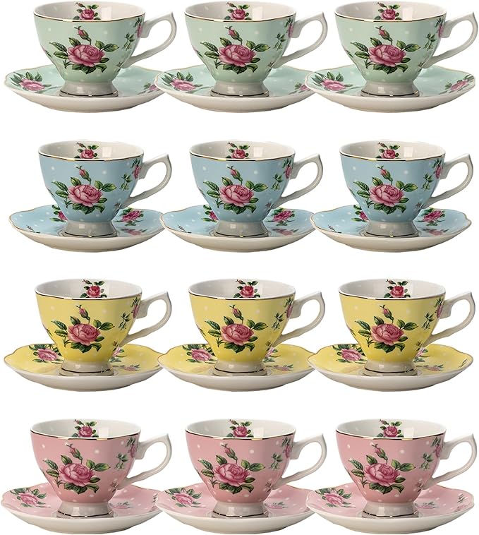 BTaT- Floral Tea Cups and Saucers, Set of 12, 8 oz, Fine Porcelain Teacup Set with Gold Trim for Afternoon Tea, Weddings, Parties & Gifting, Dishwasher Safe, Lightweight, Non-Toxic