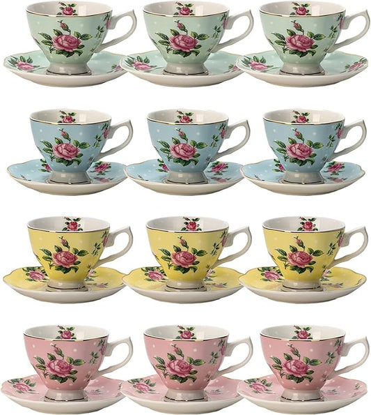BTaT- Floral Tea Cups and Saucers, Set of 12, 8 oz, Fine Porcelain Teacup Set with Gold Trim for Afternoon Tea, Weddings, Parties & Gifting, Dishwasher Safe, Lightweight, Non-Toxic