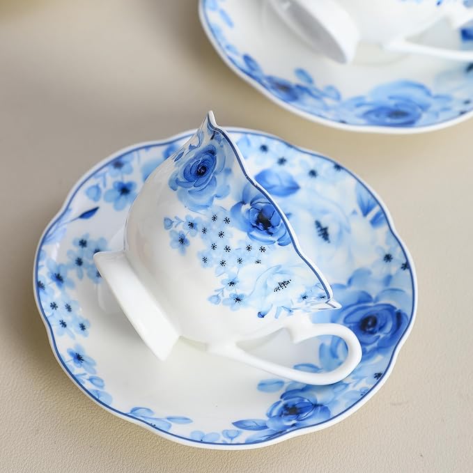 Porcelain Tea Cup and Saucer Set of 6 (12-Piece) - 6oz Cups with Classic Blue Floral Pattern for Tea Party, Dishwasher & Microwave Safe