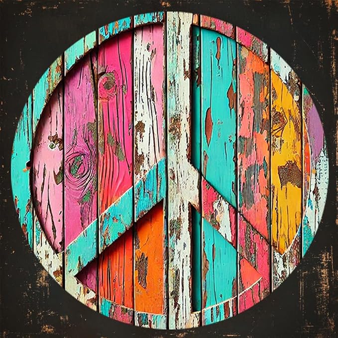 Colorful Peace Symbol Round Aluminum Sign - Vibrant High-Definition Print, Weathered Wood Design, Easy to Hang,Decorative Wall Art | Durable Print, Outdoor Decor, Perfect for Room Decor - Image 3