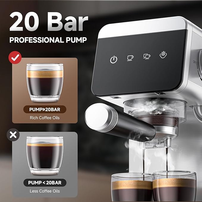 AMZCHEF Espresso Coffee Machine | Compact Design Espresso Maker Perfect for Home & Office | 20 Bar Pressure System | LED Touch Panel | Detachable Water Tank | Brushed Stainless Steel Housing